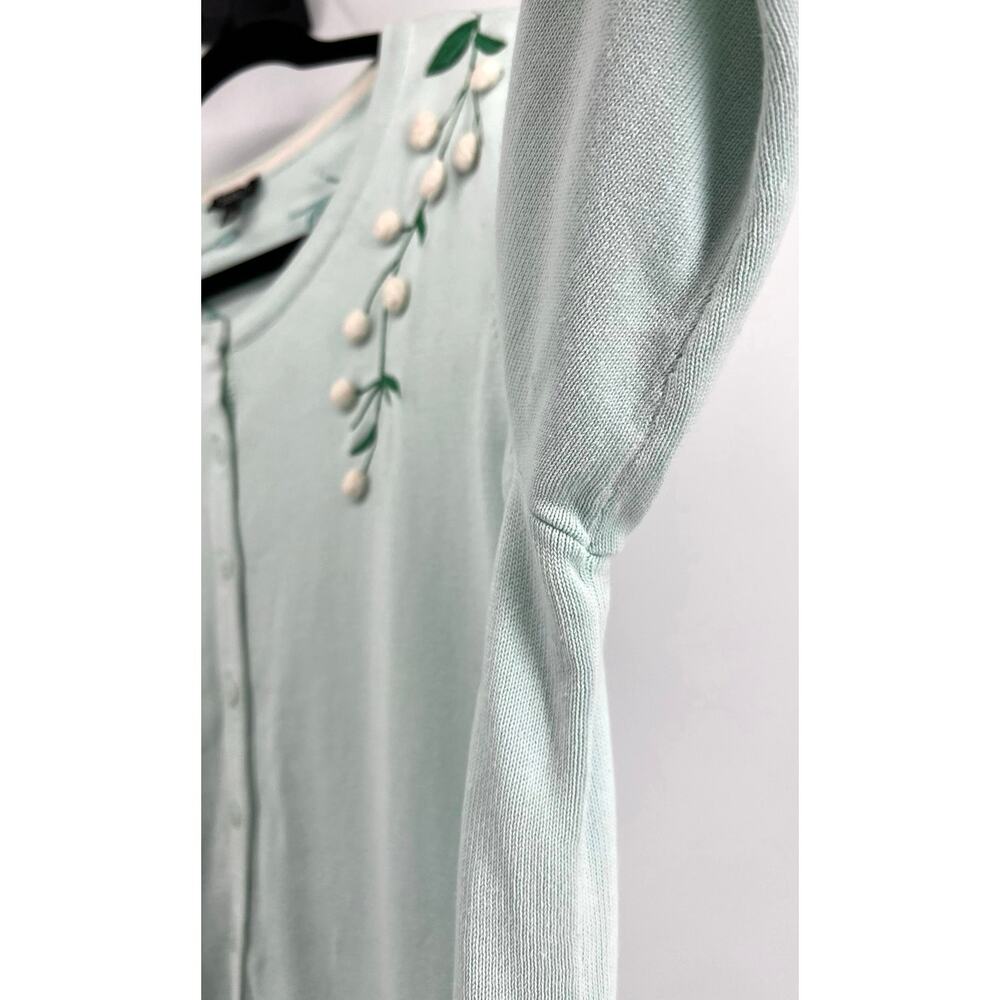 Talbots Floral Embroidered Cardigan Sweater Size 2Xp Mint Green Pom Pom Detail - Picture 5 of 12